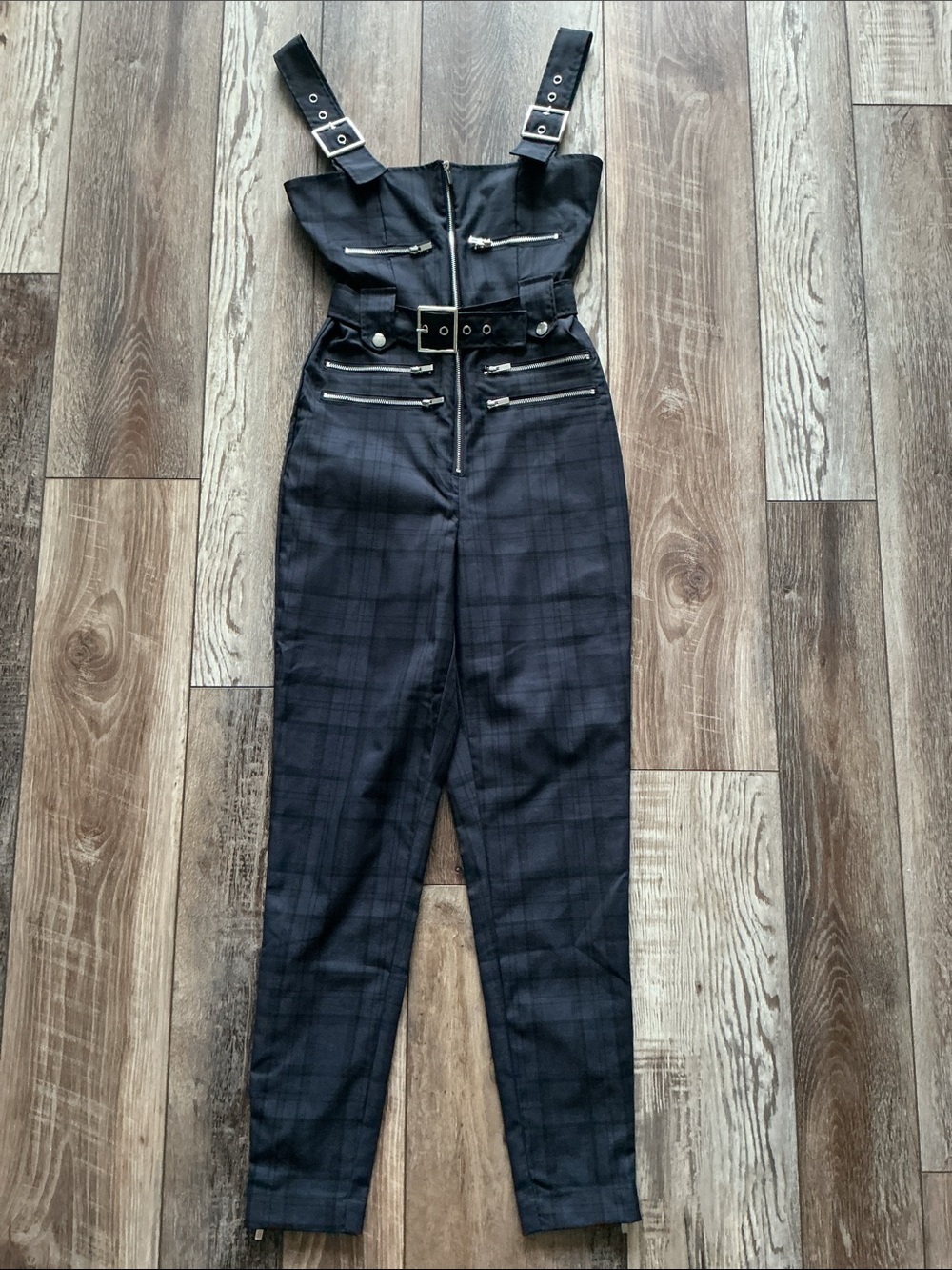 NWT We Wore What Navy Plaid Moto Overalls Zipper Jumpsuit XS